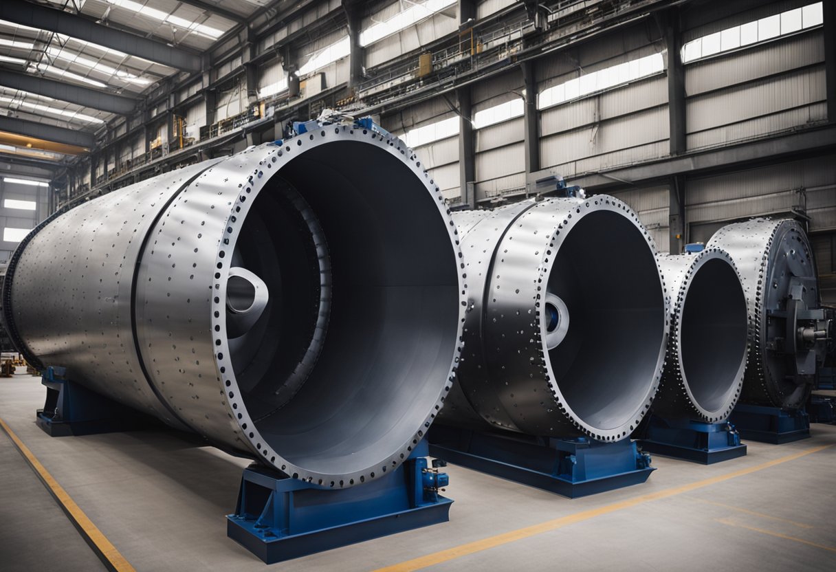 Ball mill liners arranged in a row, varying in size and shape, with manufacturing equipment in the background