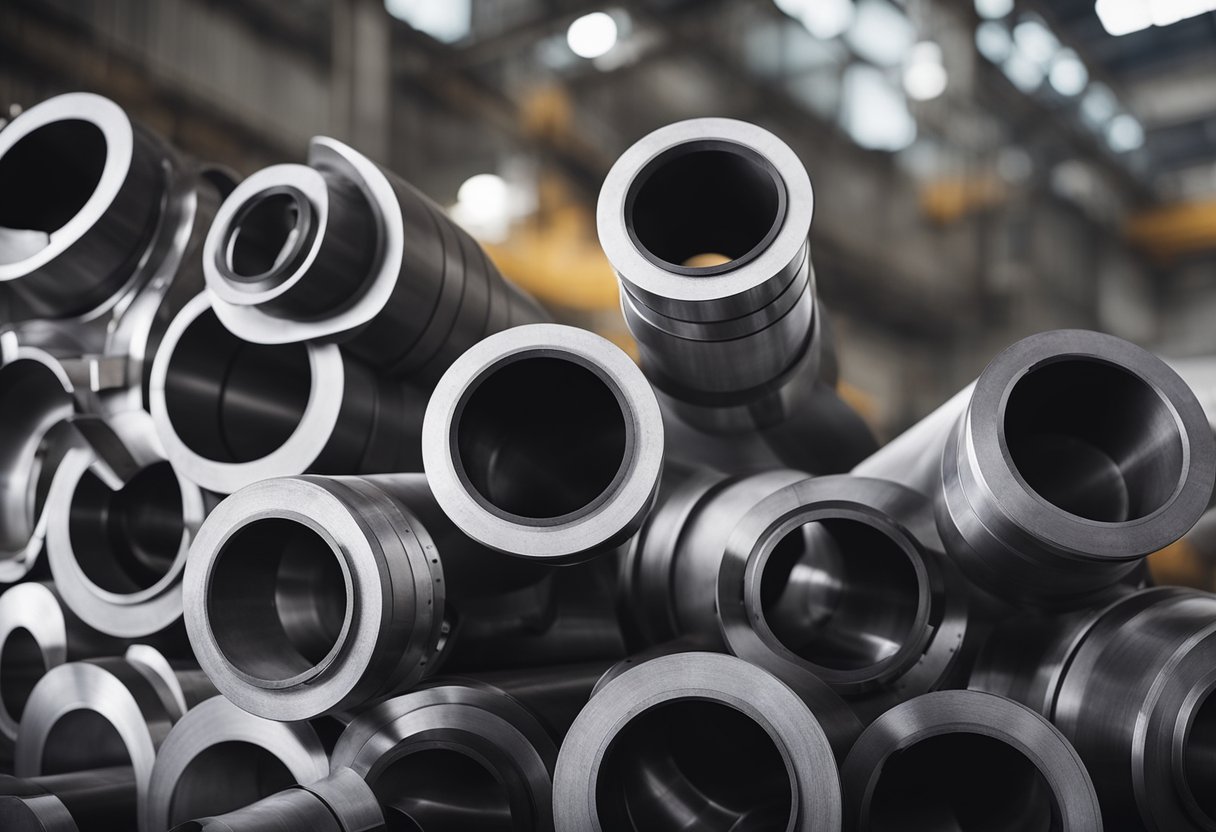 A ball mill with various types of liners, including rubber and metal, arranged on a table with design sketches and manufacturing materials