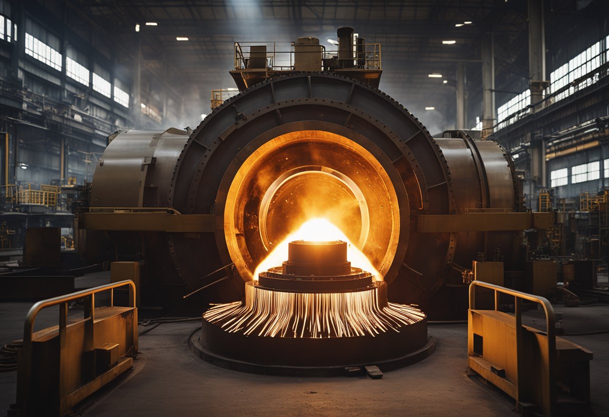 Molten metal pours into a mold, creating a ball mill liner. Machinery hums in a bustling Chinese factory