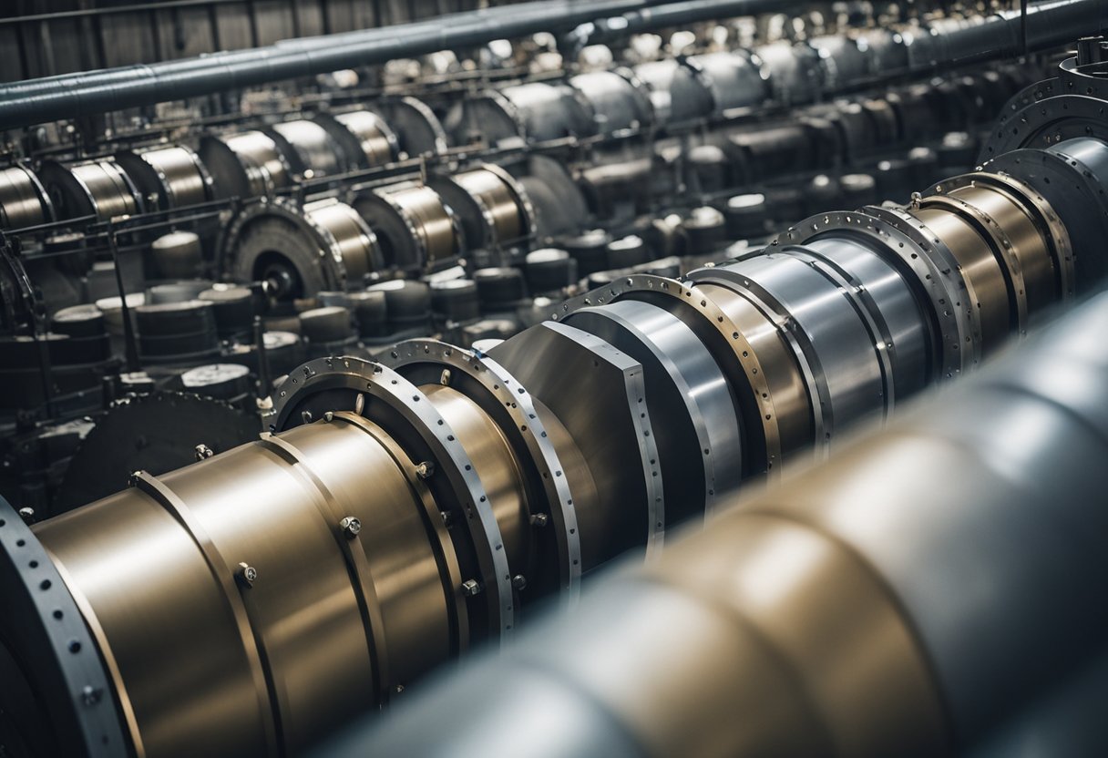 A ball mill with various types of liners displayed in a row for quoting purposes