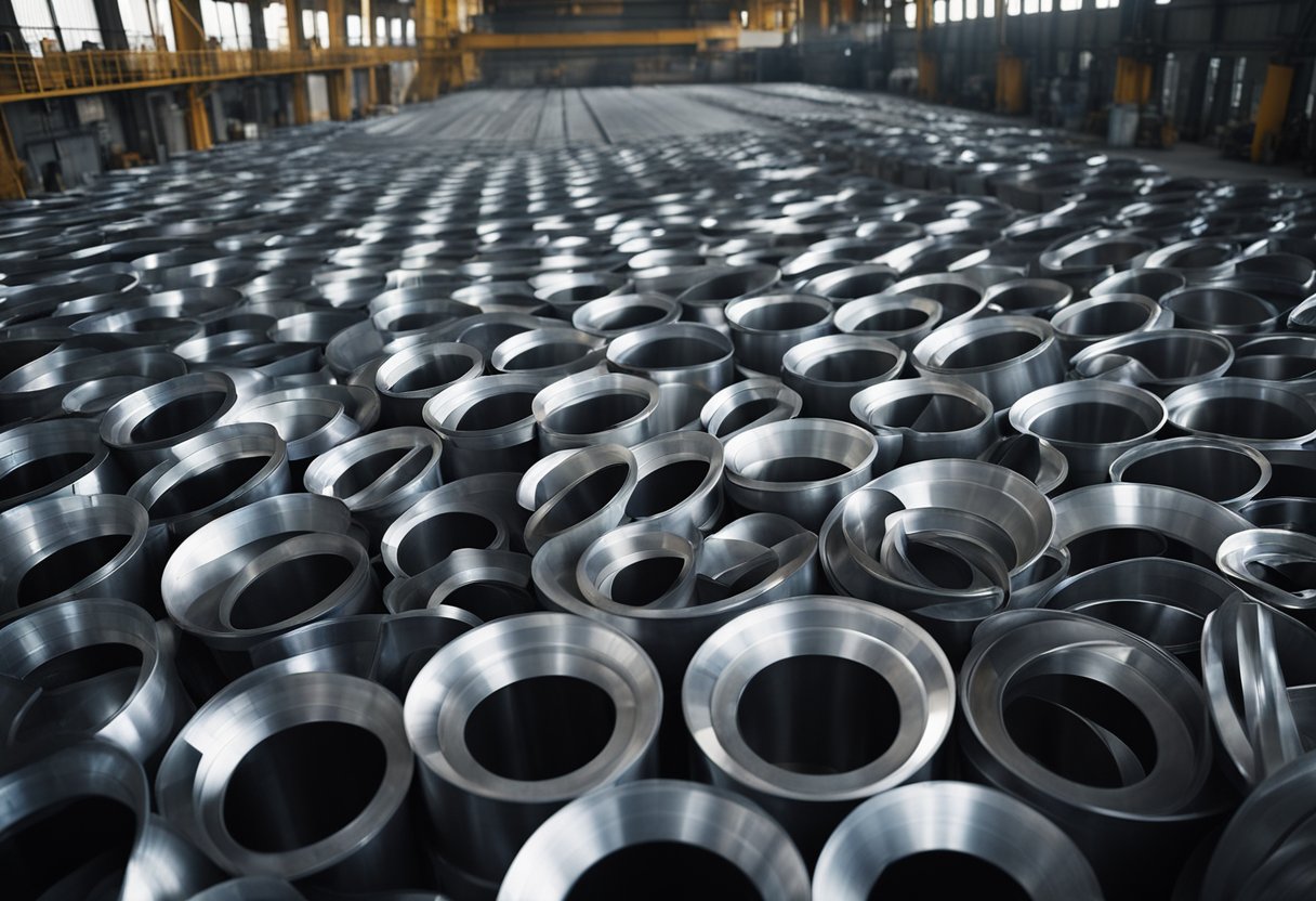 An array of ball mill liners displayed in a factory setting