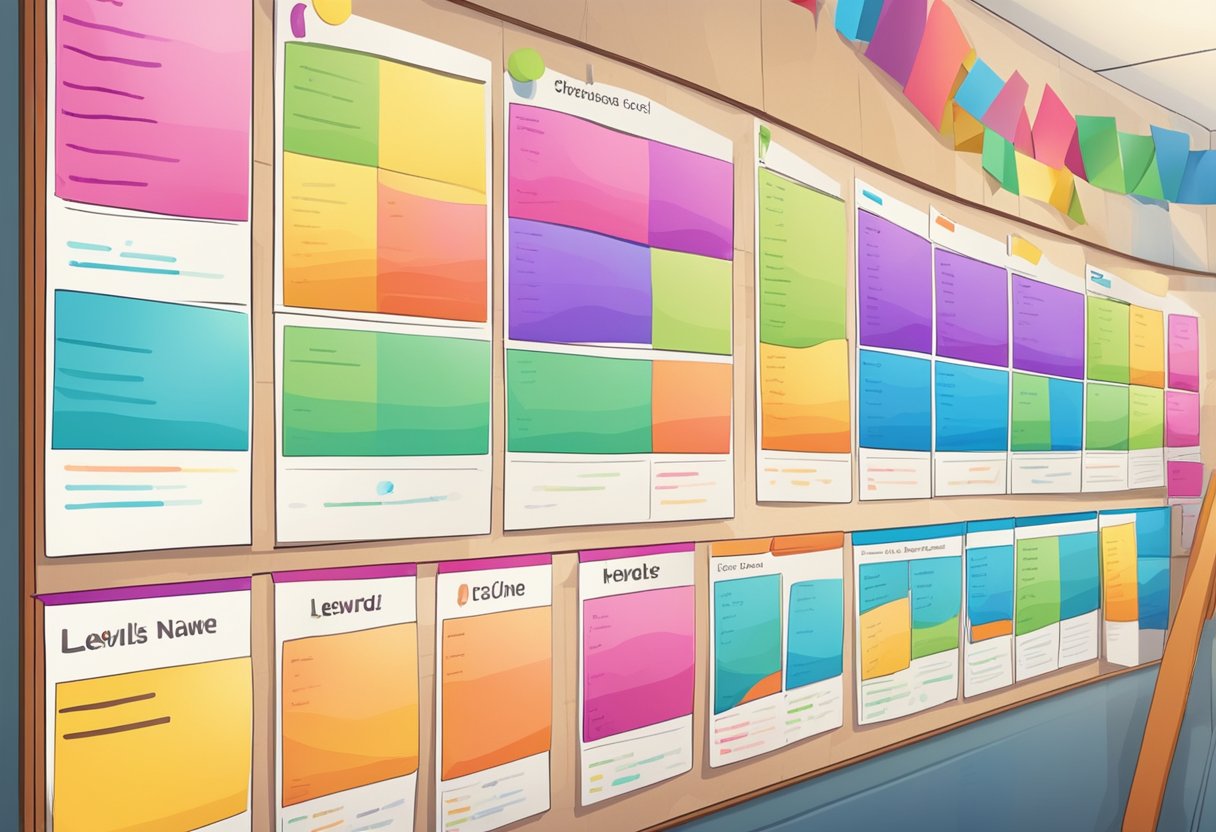 A colorful chart with levels and rewards displayed on the wall. Students' names written on individual cards, moving up as they earn points