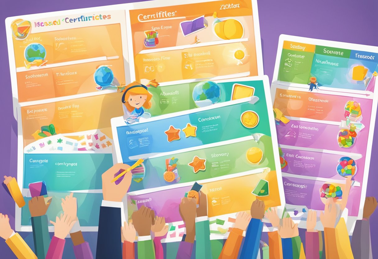 A colorful chart displays various reward types for a classroom system, including stickers, certificates, and tokens. The chart is surrounded by happy, engaged students and a supportive teacher