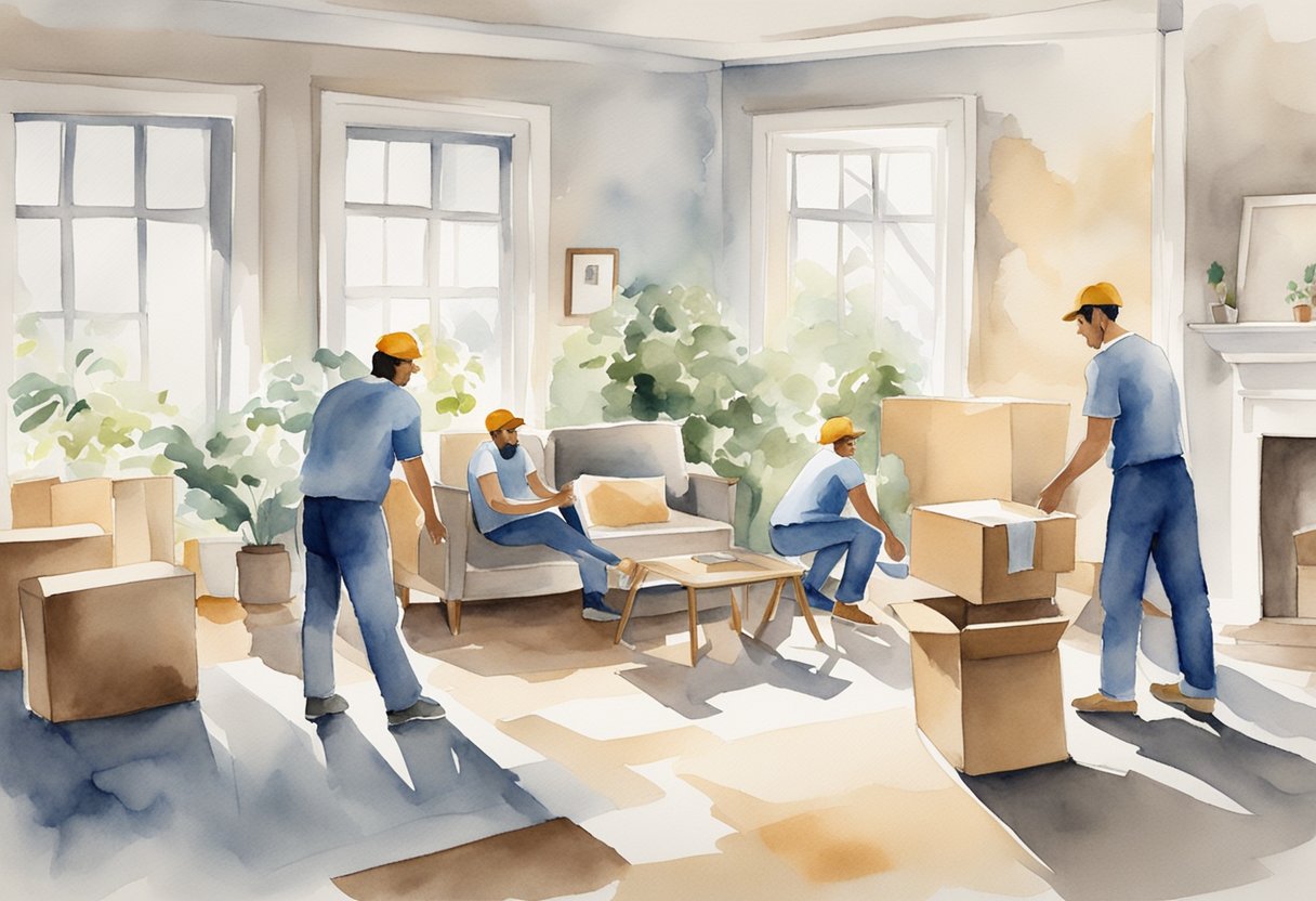 A team of movers rearranges furniture in a spacious room