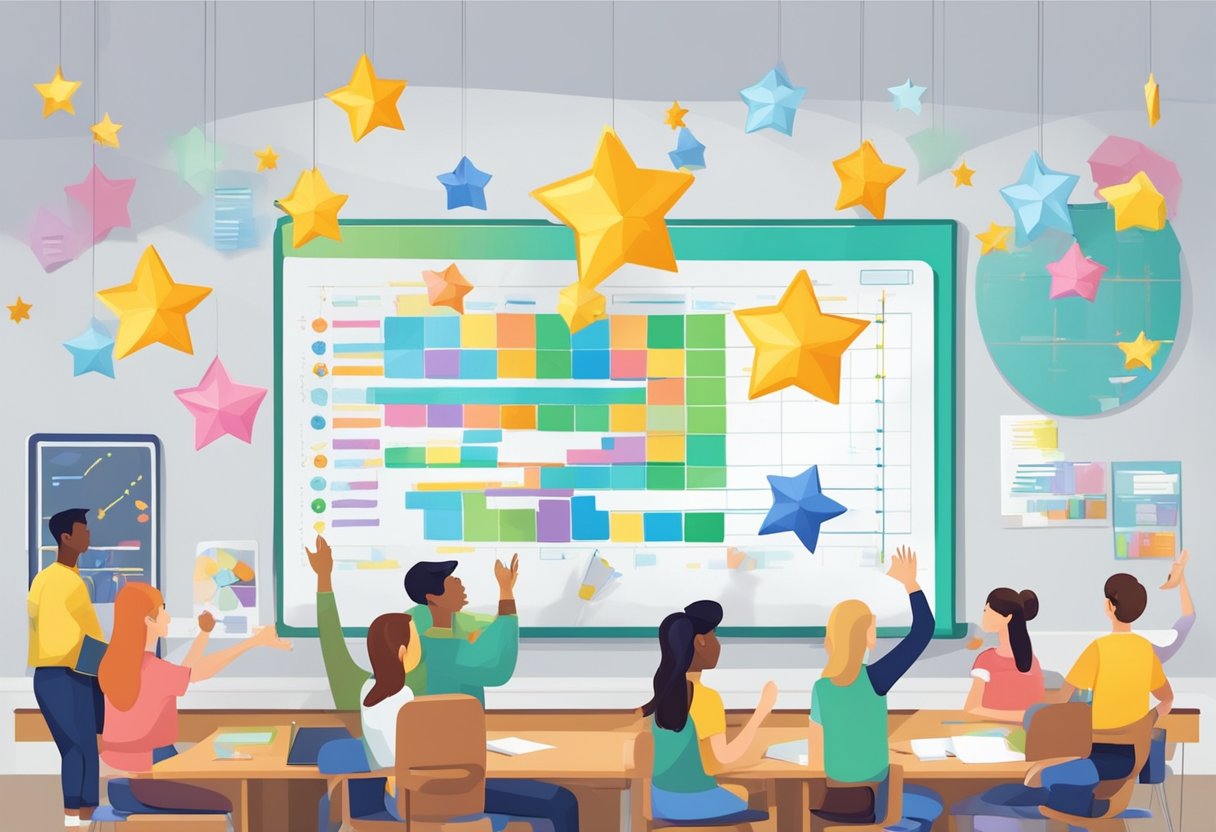 Students engage in group activities, earning points for participation and teamwork. A chart on the wall tracks their progress, with colorful stickers and stars as rewards