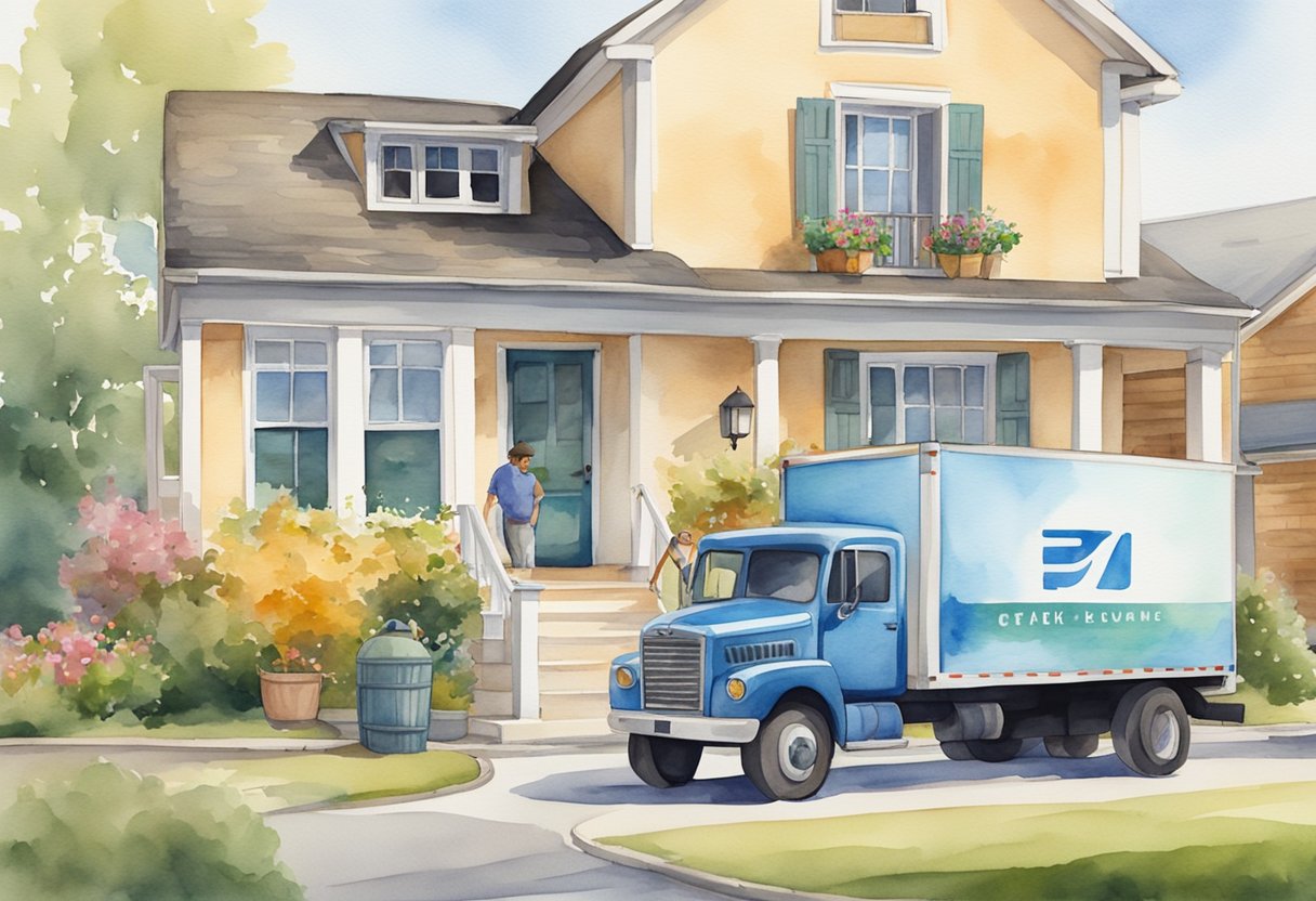 A moving truck parked in front of a house, with movers carrying boxes and furniture into the truck. The company's logo is visible on the side of the truck