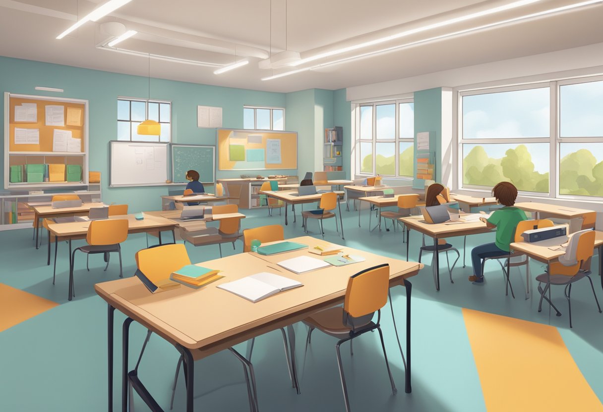 A quiet classroom with individual workspaces, soft lighting, and minimal noise. Students are engaged in independent activities, with opportunities for reflection and written communication