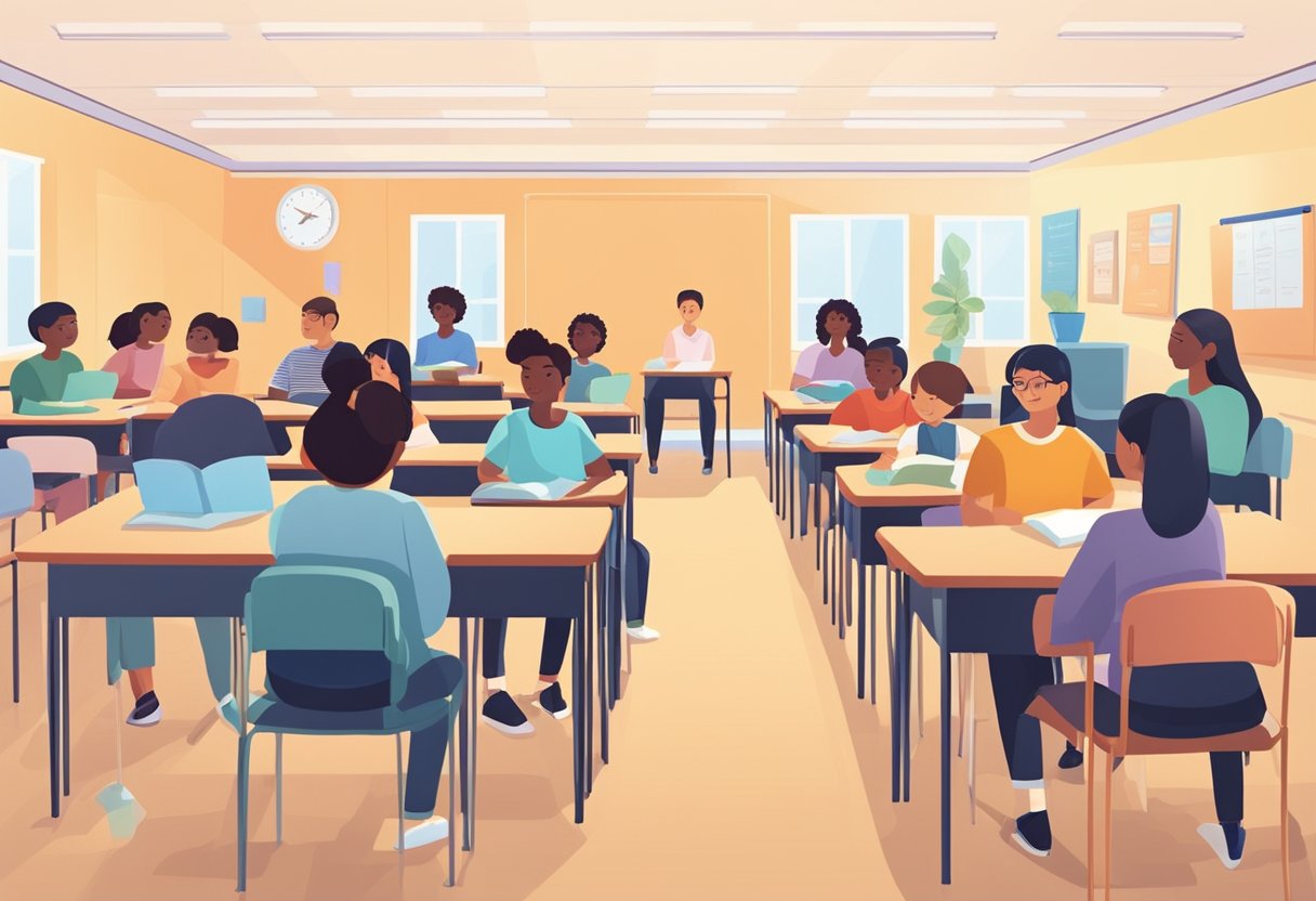 Classroom Management Strategies for Introverted Students: Enhancing Engagement and Comfort introverted student LearningMole Introverted students seated in organized classroom, with supportive educators and parents present. Quiet, calm atmosphere with clear communication and respectful interactions