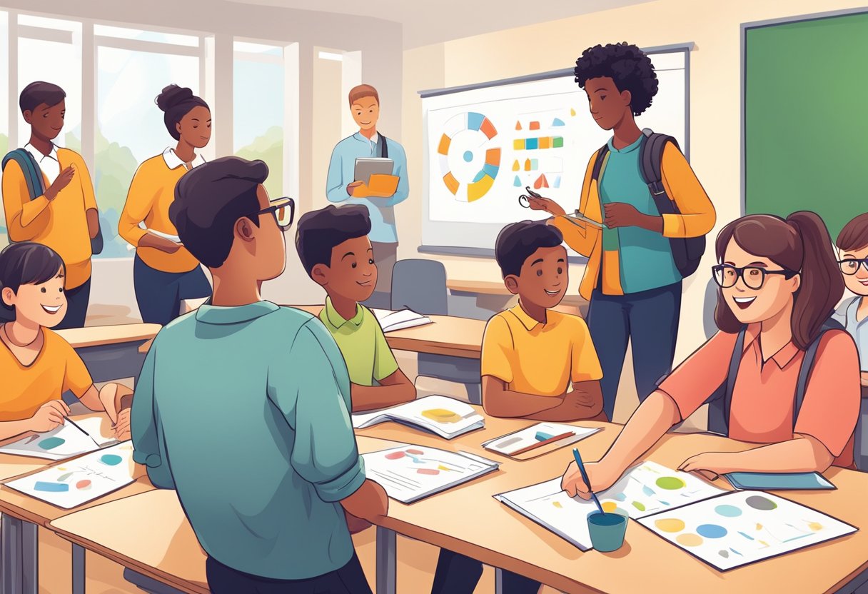 Students with ADHD engaged in group activities, visual schedules on the board, fidget tools available, and teacher using positive reinforcement techniques
