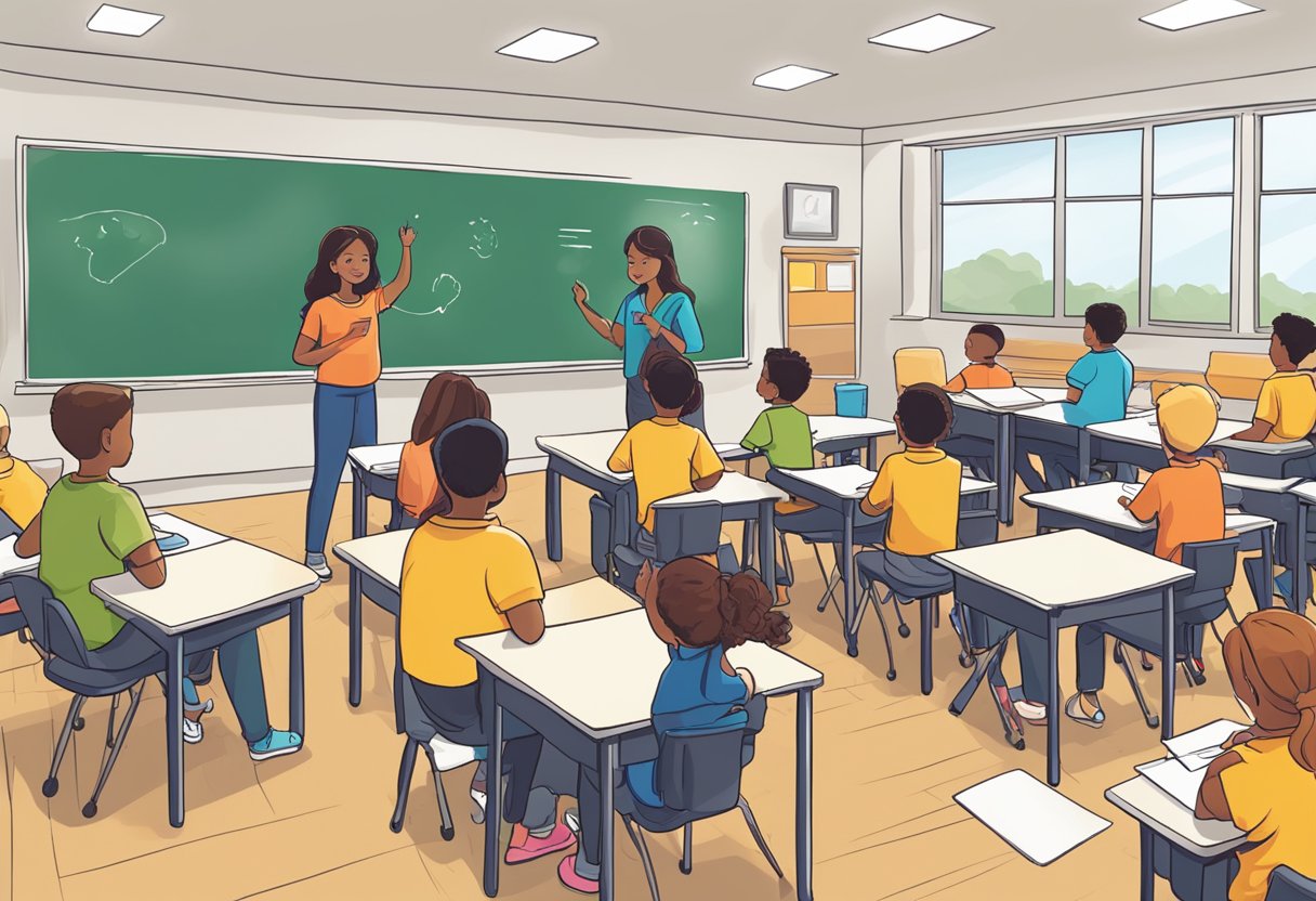Students with ADHD sit in a classroom with visual schedules, fidget tools, and clear expectations. The teacher uses positive reinforcement and structured activities to support their learning