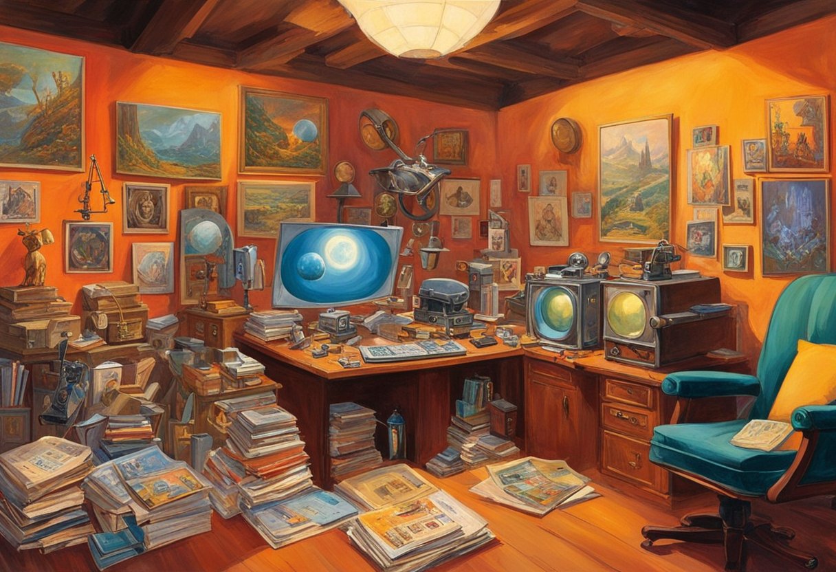 Roger Corman's later projects and retirement: a cluttered office with movie posters, awards, and a vintage film projector