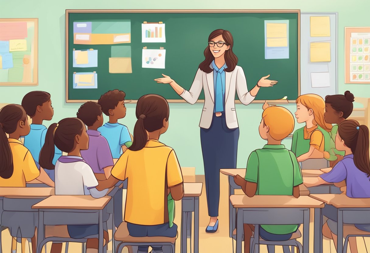 Classroom Management Strategies for Substitute Teachers: 4 Effective Techniques for Maintaining Order classroom management, classroom LearningMole A substitute teacher engaging with students, using positive reinforcement and clear communication. Students are actively participating and showing respect
