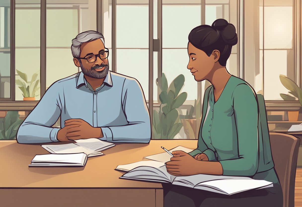 A parent and teacher are sitting at a table, engaged in a friendly and open conversation. Both are actively listening and sharing their thoughts and concerns. The atmosphere is warm and collaborative, with a sense of mutual respect and understanding