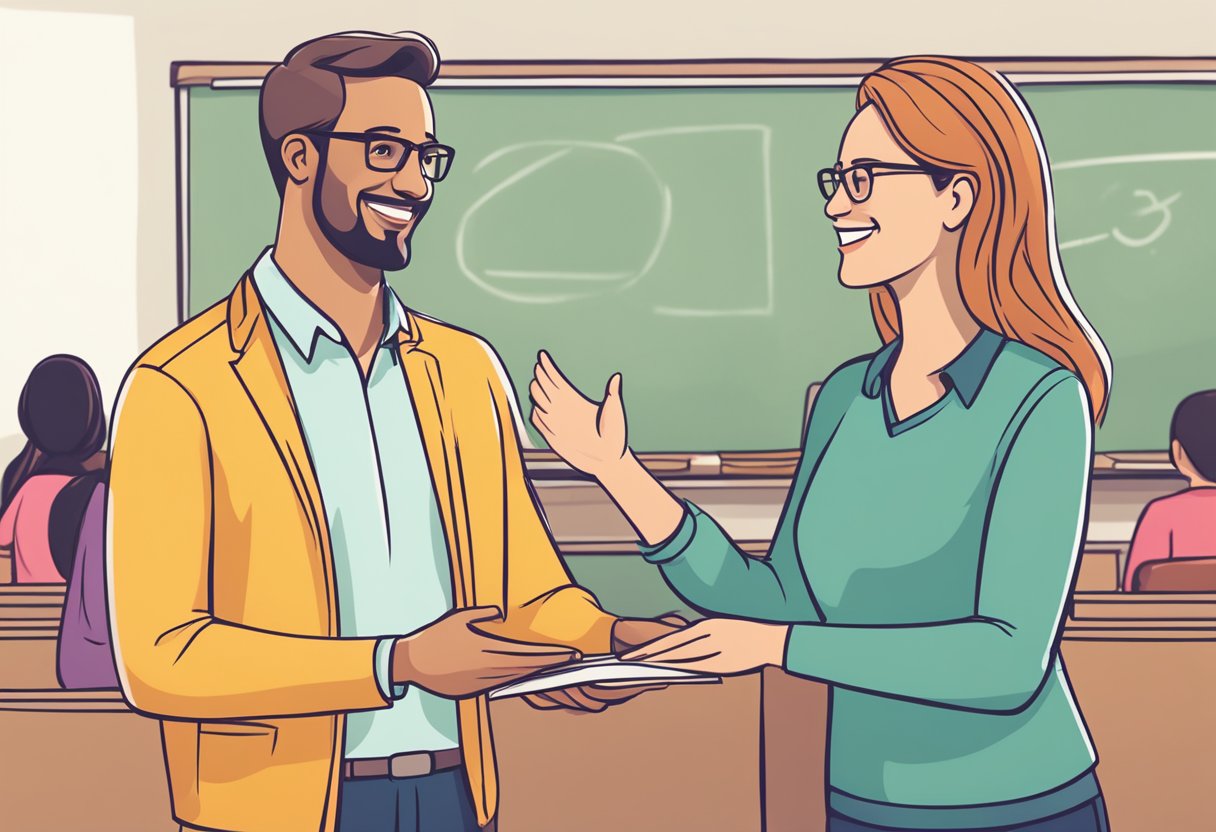 The Role of Parent-Teacher Communication in Promoting Effective Classroom Management Parent-Teacher Communication, parent LearningMole A teacher and a parent standing together, smiling and engaged in a conversation. A sense of trust and cooperation is evident in their body language, emphasizing the importance of building strong relationships through parent-teacher communication