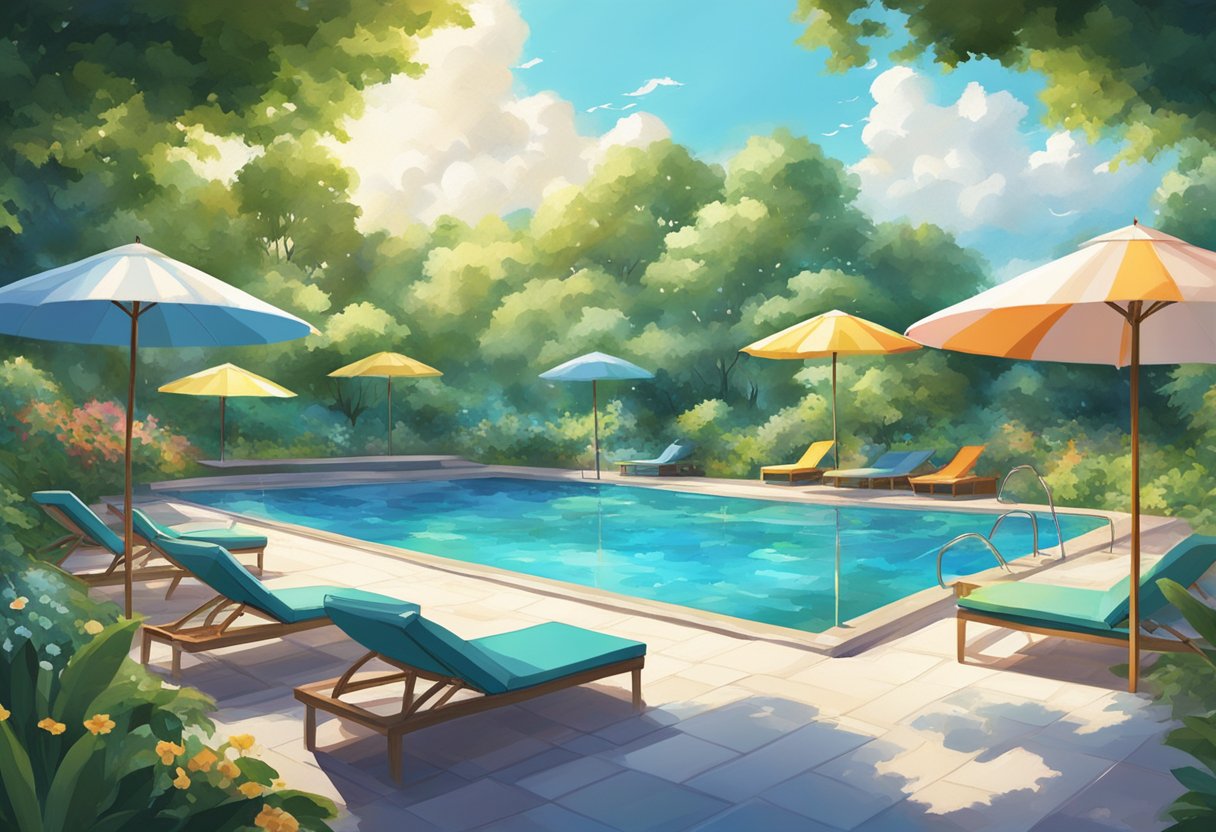 A sparkling pool surrounded by lush greenery and colorful umbrellas, with a clear blue sky and fluffy white clouds in the background