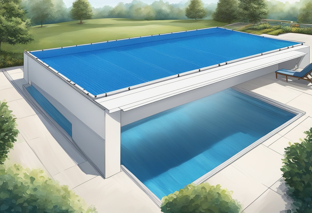 A pool cover lies flat over a sparkling blue pool, secured at the edges. It features a durable, weather-resistant material and a sleek, modern design