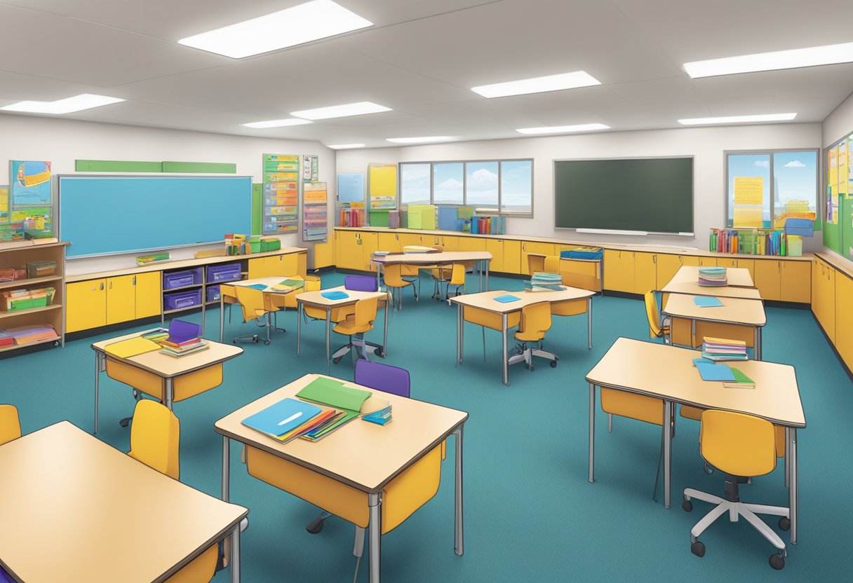 Classroom layout with labeled job stations, organized materials, and clear signage promoting positive behavior
