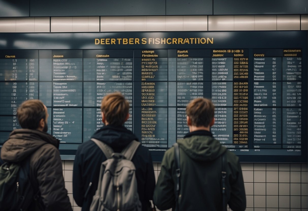 Passengers consulting train schedule, purchasing tickets at Berlin station for journey to Copenhagen