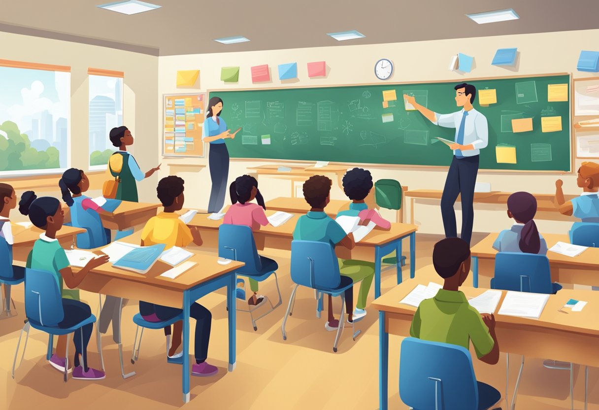 A classroom scene with various job charts and responsibilities posted on the wall, students actively participating in their assigned tasks, and a positive and collaborative atmosphere among teacher and students