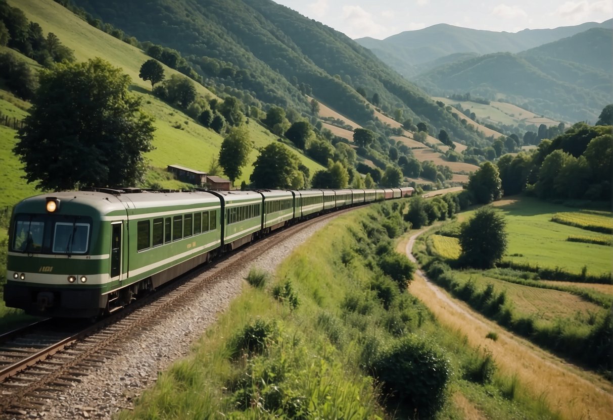 The train travels through picturesque countryside, passing by quaint villages and rolling hills. The tracks cut through lush greenery, with the occasional glimpse of a serene river or charming farmstead