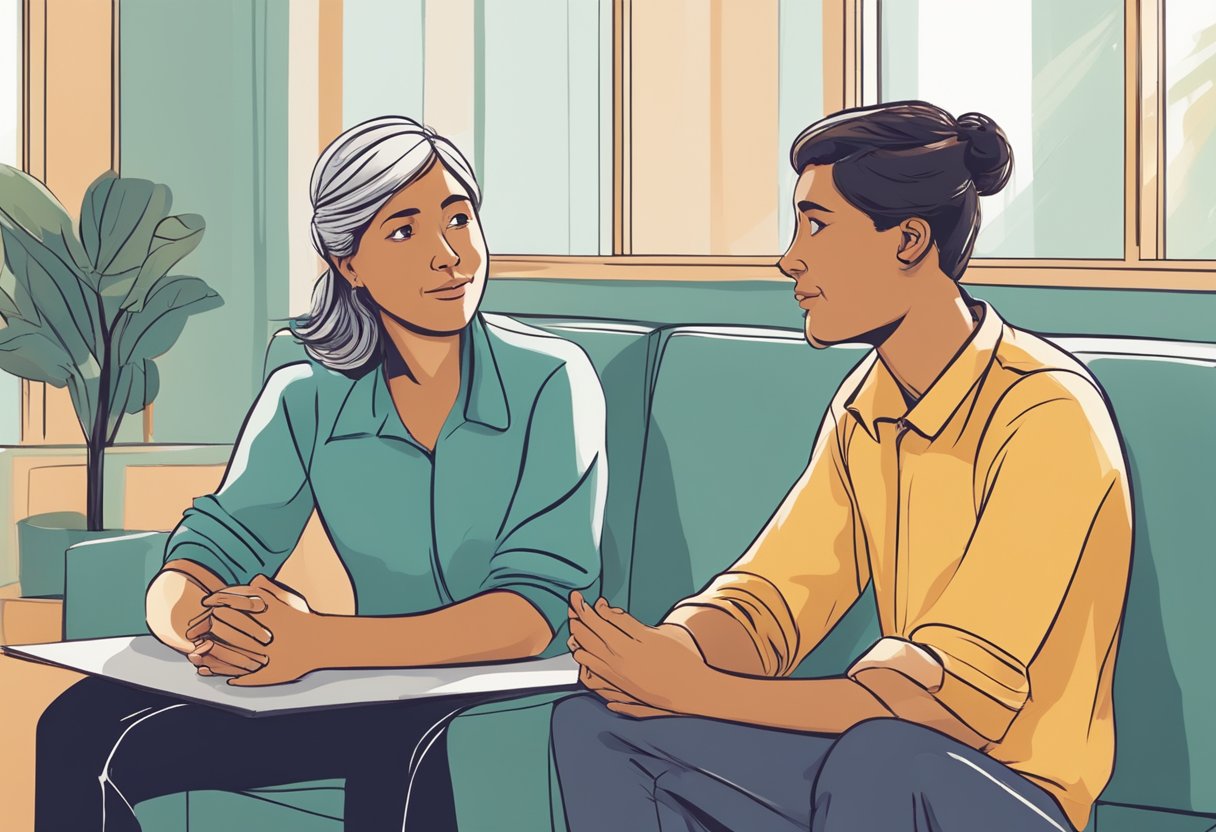 Two individuals sitting across from each other, engaged in a calm and respectful conversation, using active listening and problem-solving techniques to resolve a conflict