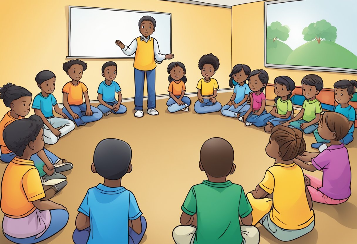 A group of children sitting in a circle, practicing conflict resolution skills through role-playing and discussion. A teacher guides the activity, emphasizing the importance of building fundamental skills