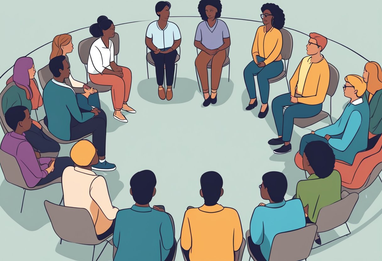 A group of diverse individuals sit in a circle, engaging in open and respectful conversation. They listen attentively and express their thoughts calmly, demonstrating effective conflict resolution skills