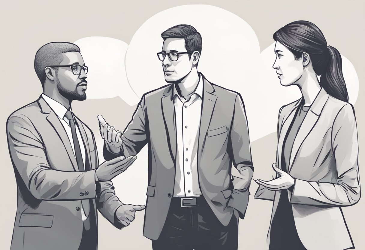 Two individuals engaged in a heated discussion, gesturing assertively. A mediator stands between them, calmly facilitating the conversation