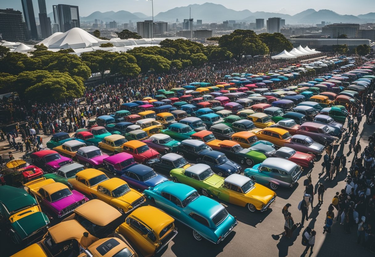 Anhembi car show: rows of colorful vehicles, bustling crowds, and vibrant banners against a backdrop of the iconic Anhembi exhibition center