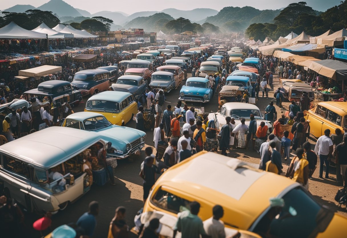 A bustling car fair at Anhembi, with colorful vehicles lined up, people browsing, and vendors showcasing their products