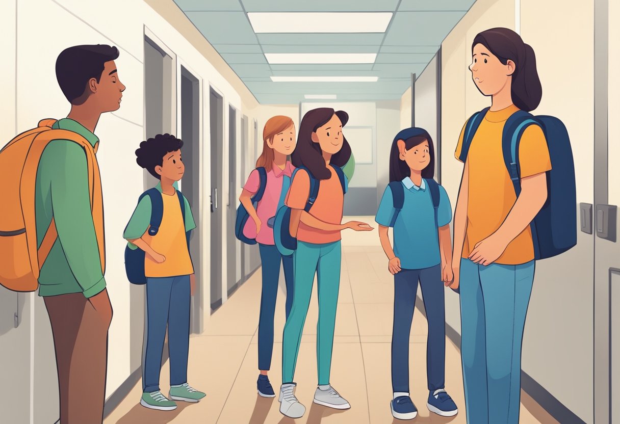 Students in a school hallway, one student is being bullied while others stand by. A teacher intervenes and redirects the behavior using positive reinforcement techniques