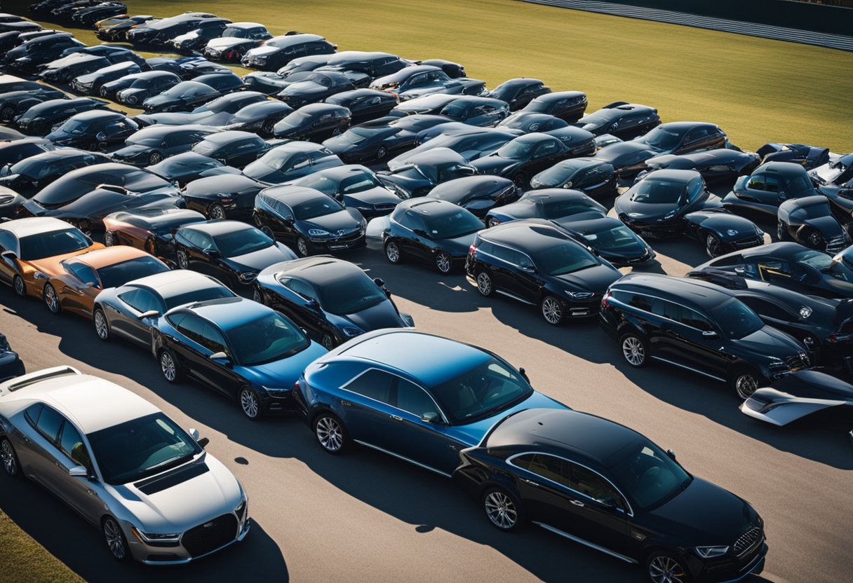 Auction car worth it. Show cars lined up for bidding with auctioneer