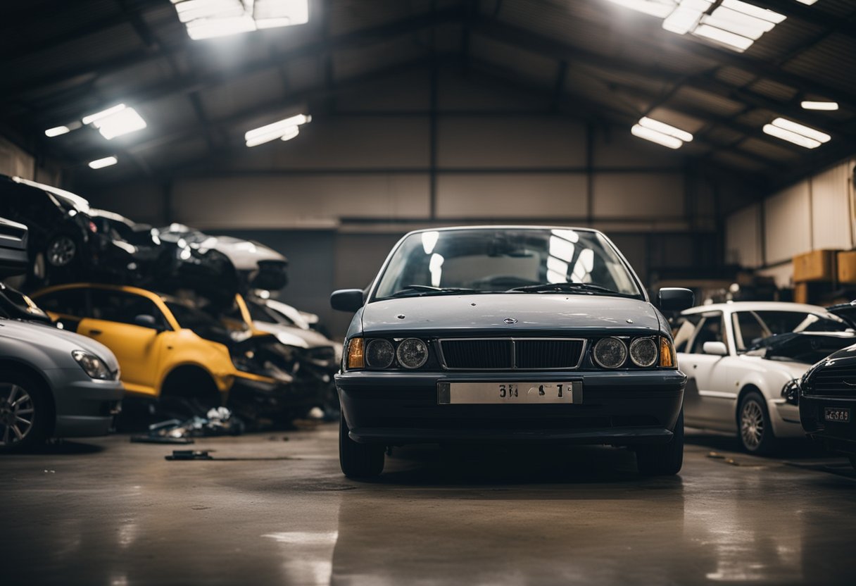 A damaged car from an auction with dents and scratches, surrounded by other vehicles in a dimly lit garage