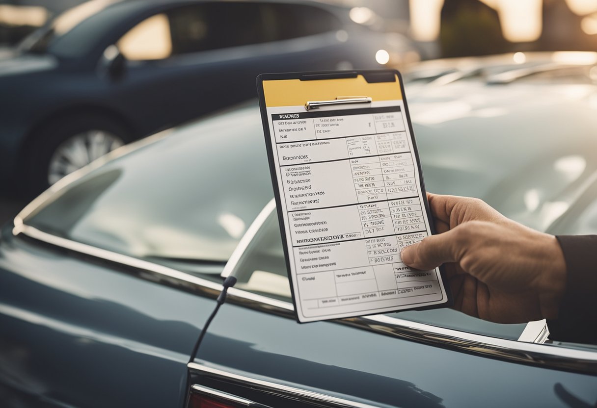 An auction car being inspected with a checklist and flashlight