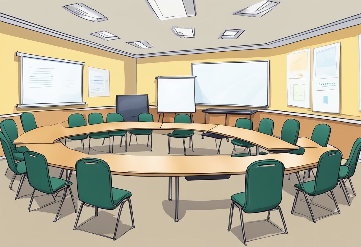 The Role of Classroom Meetings in Behaviour Management: Cultivating Cooperation and Respect behaviour management, classroom meeting LearningMole A classroom meeting circle with chairs arranged in a circle, a whiteboard or chart paper for notes, and a facilitator's chair at the front