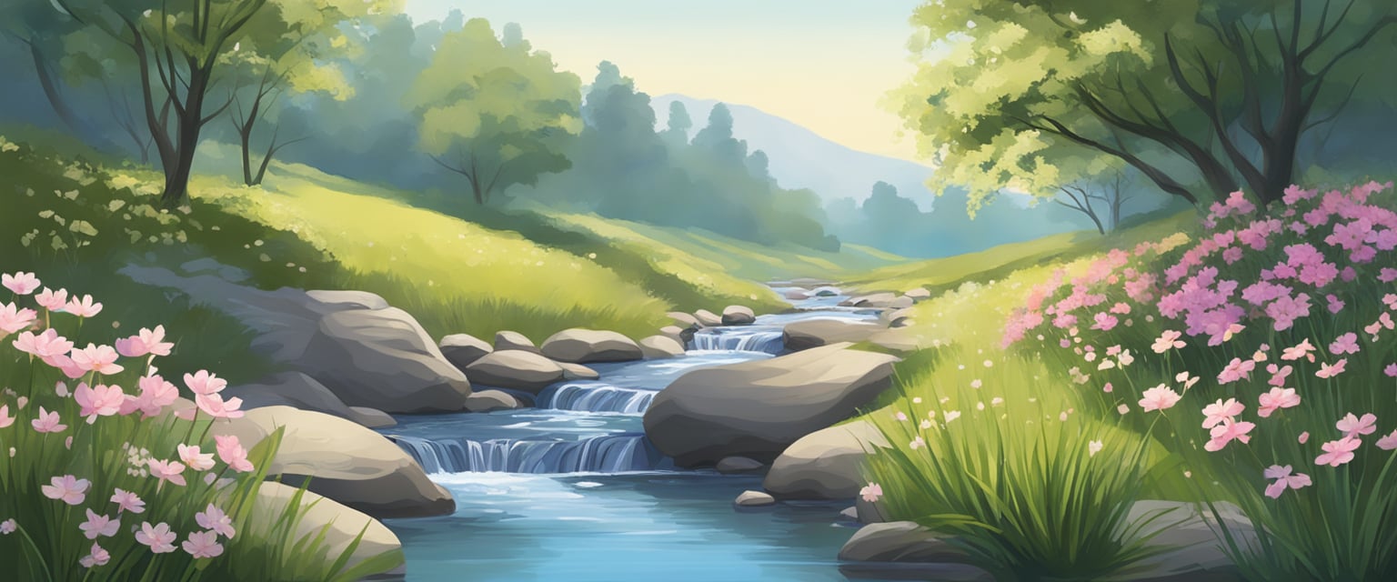 A serene, peaceful setting with a gentle stream, blooming flowers, and a clear blue sky, evoking a sense of mindfulness and self-compassion