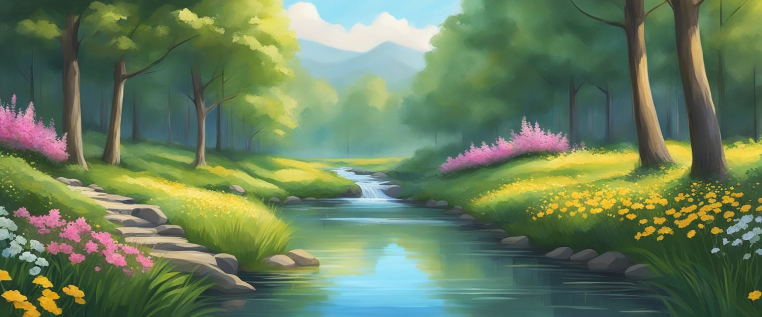 A serene landscape with a gentle stream flowing through a lush forest, surrounded by blooming flowers and tall, strong trees. The scene exudes peace, tranquility, and a sense of inner harmony