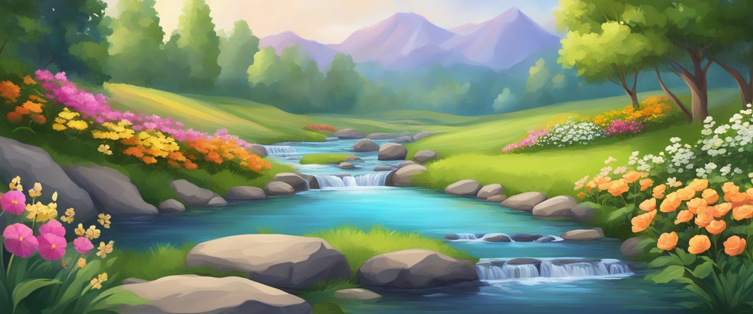 A serene landscape with a gentle stream, surrounded by lush greenery and colorful flowers, evoking a sense of peace and tranquility