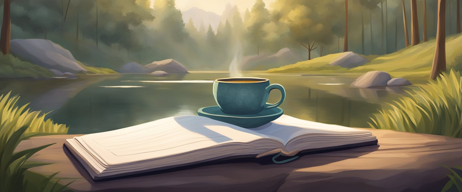 A serene setting with soft lighting, a cozy meditation cushion, and a journal for reflection. Gentle nature sounds fill the air