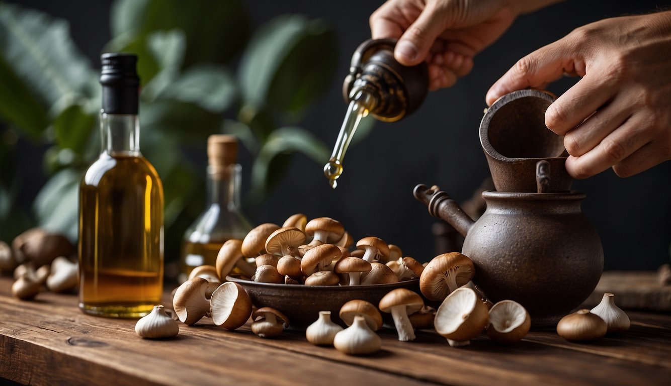 A hand reaching for various mushrooms, a mortar and pestle, and a bottle of alcohol on a wooden table