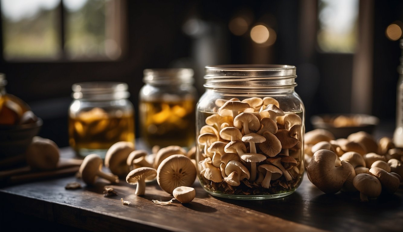 Mushrooms being sliced and placed in a glass jar with alcohol, ready for tincture preparation