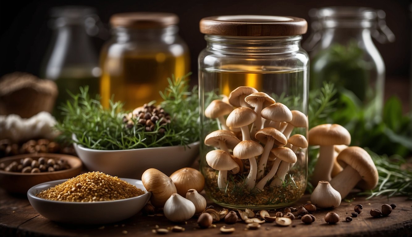 A glass jar filled with mushrooms soaking in alcohol, surrounded by various herbs and spices. A mortar and pestle sits nearby for grinding ingredients