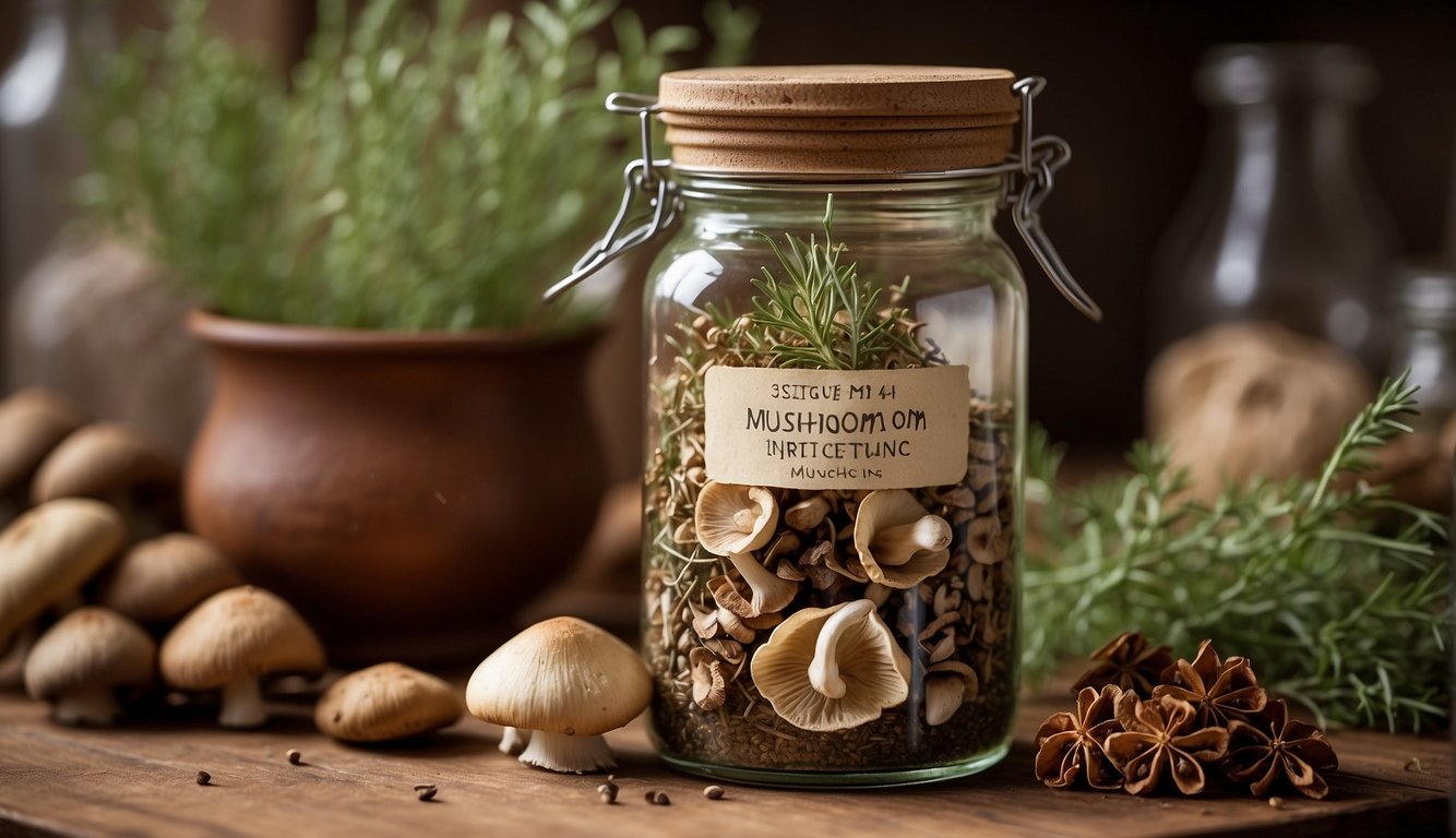 A glass jar filled with mushroom tincture sits on a wooden shelf, surrounded by dried herbs and spices. A label with the recipe ingredients and instructions is attached to the jar