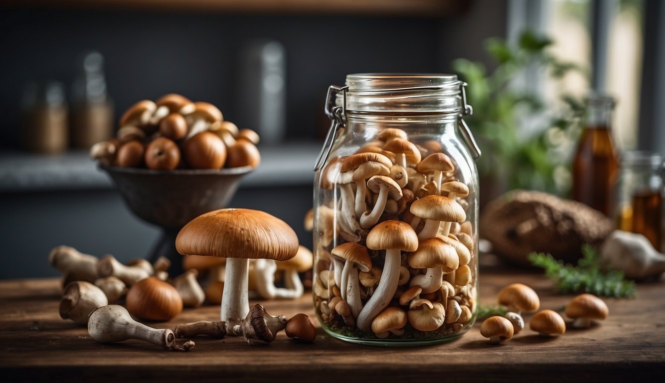 A glass jar filled with freshly harvested mushrooms, a bottle of alcohol, and a mortar and pestle on a clean, well-lit kitchen counter