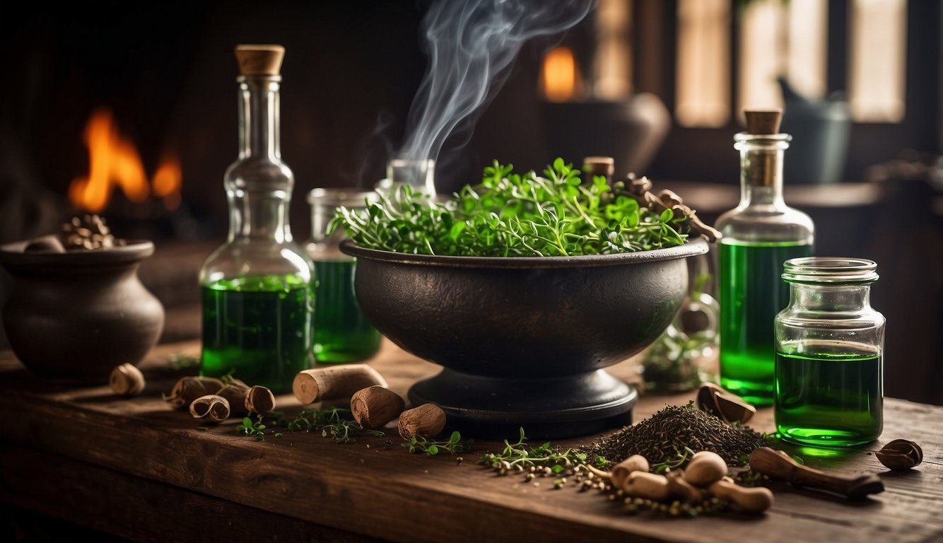 A bubbling cauldron sits atop a crackling fire, surrounded by jars of herbs and a mortar and pestle. A vial of bright green liquid is being carefully poured into a glass bottle labeled "Dragon Tincture."