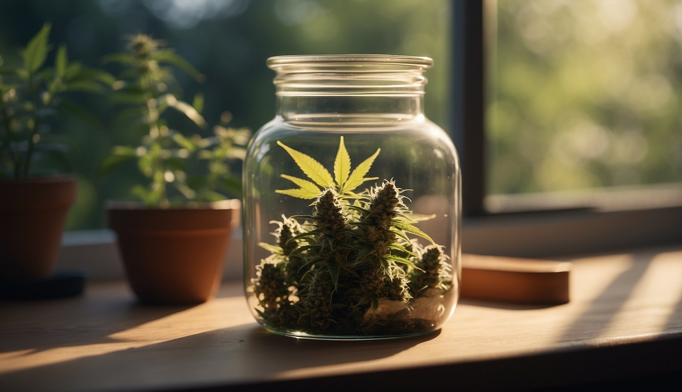 A glass jar filled with cannabis and high-proof alcohol sitting on a windowsill, with sunlight streaming in, creating a warm and natural atmosphere