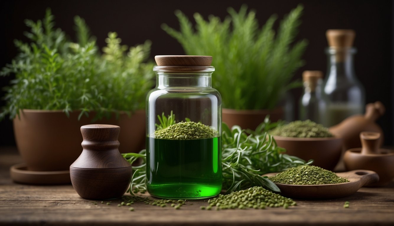 A glass jar filled with vibrant green liquid sits on a wooden table, surrounded by various herbs and a mortar and pestle. Labels with dosage instructions are neatly displayed next to the tincture