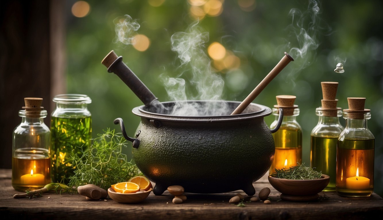 A cauldron bubbles over a crackling fire, surrounded by jars of herbs and vials of liquid. A green dragon tincture recipe sits open on a weathered table, with carefully measured ingredients ready to be mixed