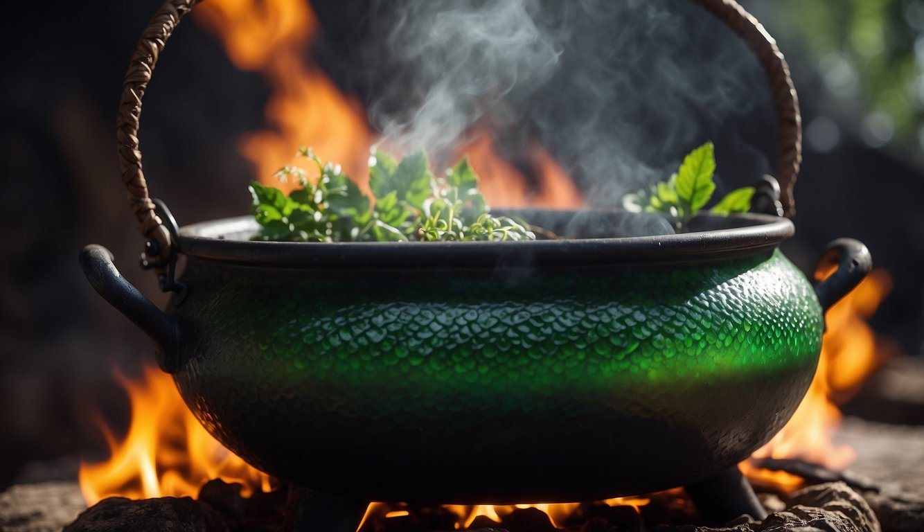 A bubbling cauldron sits atop a crackling fire, emitting a vibrant green smoke. Ingredients like dragon scales and rare herbs are scattered around the potion-making area
