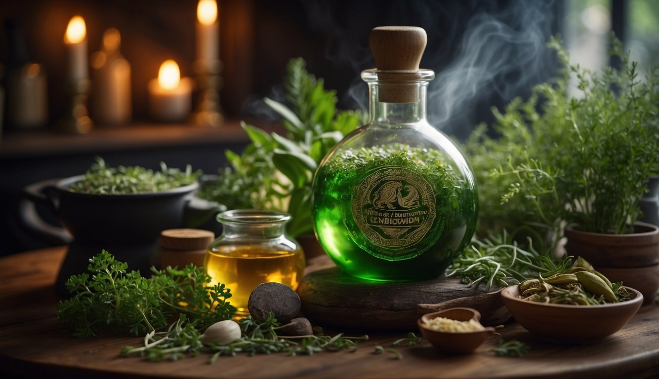 A bubbling cauldron surrounded by various herbs and ingredients, with a green dragon emblem on the label of a glass tincture bottle